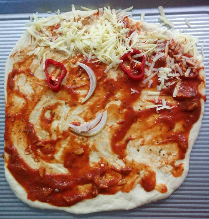 Pizza face with ham herpes on onion mouth